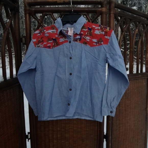 Vintage Boy's Denim cowboy print button down Shirt - Picture 1 of 10